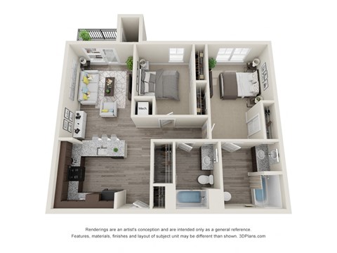 Floor plan for 2 beds, 2 baths, 960 sqft